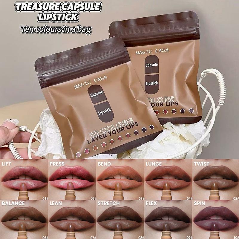 MAGIC CASA 10-shade brown capsule lipstick set: natural, long-lasting, transfer-proof mini matte lipstick.